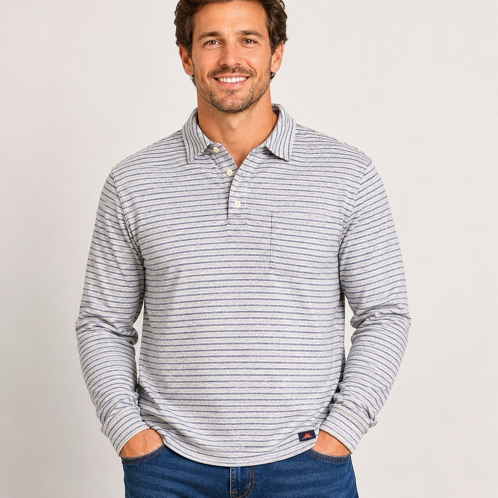 Faherty Brand Long Sleeve Polo Shirt Mens XXL Blue Gray Striped Pocket Casual
